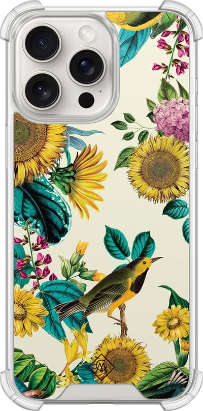 Casimoda® hoesje - Geschikt voor iPhone 15 Pro Max - Zonnebloemen / Bloemen - Shockproof case - Extra sterk - TPU/polycarbonaat - Geel, Transparant