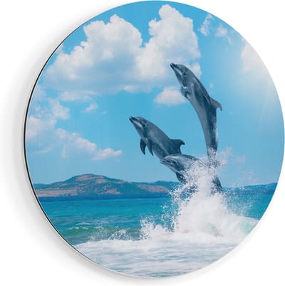 Artaza Dibond Muurcirkel Dolfijnen Springen uit het Water - Ø 40 cm - Klein - Wandcirkel - Rond Schilderij - Voor Binnen en Buiten