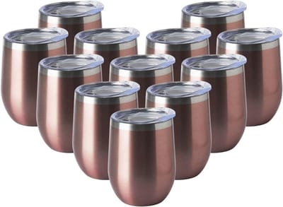 12 oz Wijnbeker met Deksel - Dubbelwandige RVS Vacuüm Glazen voor Dranken - Rose Gold - 12 Pack