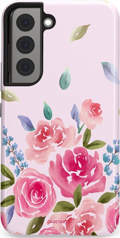 Casetastic hoesje geschikt voor Samsung Galaxy S22 - Dubbellaagse bescherming - Aquarel Bloesem - Fashion Case - Lichtroze Lila Saliegroen