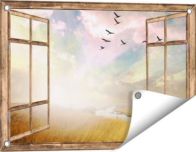 Gards Tuinposter Doorkijk Groep Vogels Vliegen Boven het Gras - 60x40 cm - Tuindoek - Tuindecoratie - Wanddecoratie buiten - Tuinschilderij