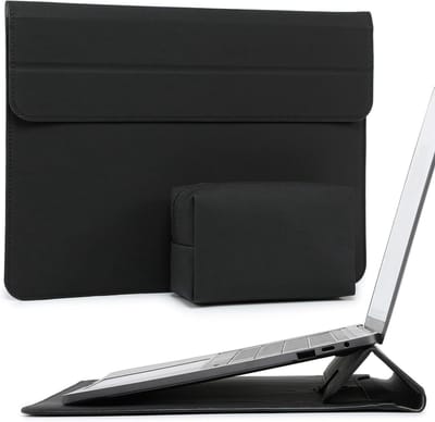 Laptop Sleeve 15 Inch met Standfunctie voor MacBook Air, Surface Laptop en MacBook Pro - Inclusief Opbergvak, Zwart
