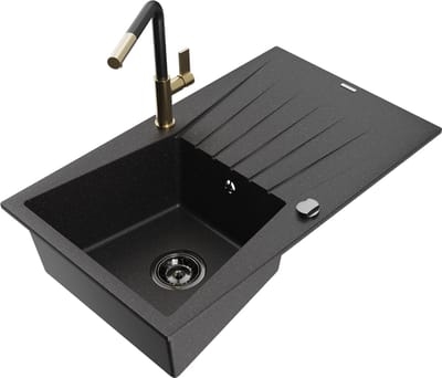 Mexen Cesar granit keukenwastafel met 1 bak, druiprek en keukenkraan Flora, zwart/zilveren metallic - 6514-73-670401-57-B