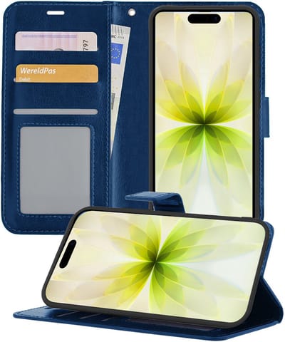 Hoesje - Met Pasjeshouder - Geschikt voor Apple iPhone 17 - Luxe Bookcase Portemonee - Flip Case - Kunstleer Book Case - Flipcase - Book Cover - Walletcase - Portemonneehoes - Telefoonhoesjes - Donkerblauw