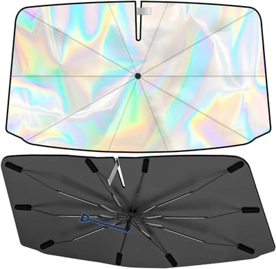 Zonnescherm voor Auto voor Voorruit 80 x 140 cm met 360° Krassenschild en UV-bescherming, Iriserend Sterrenpatroon en Regenboog Design