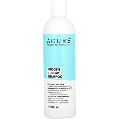 ACURE, Smooth + Glow Shampoo, suitable for all hair types, marula oil and shea butter, 12 fl oz (354 ml) white