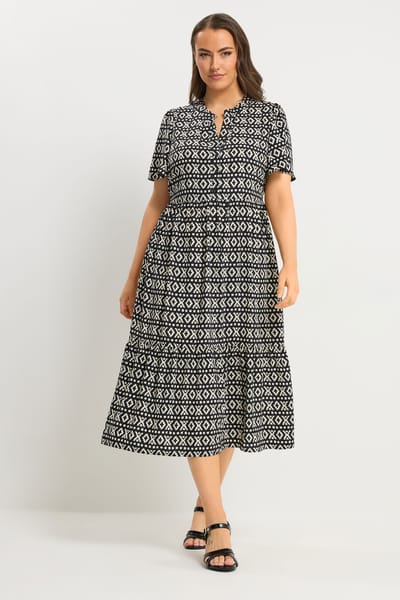 Yours Zwarte Jurk Met Ikatprint En Halve Knoopsluiting Size 44