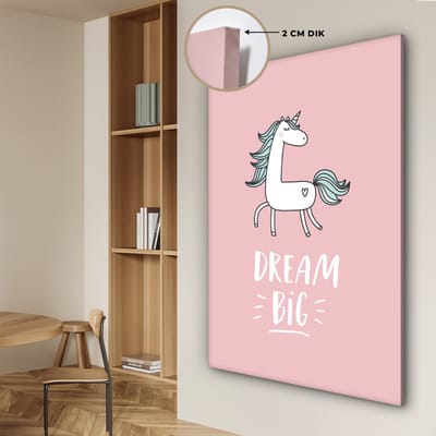 Kinderkamer decoratie - Schilderij voor kinderen - Dream big - Eenhoorn - Roze - Quotes - Tekst - Muurdecoratie kinderkamer - Canvas kind - 90x140 cm