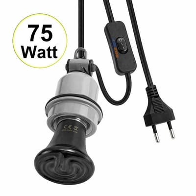 UniEgg® Keramische Lampenhouder met 100cm snoer en aan/uit schakelaar inclusief 75 watt keramische warmtelamp | Geschikt voor Keramische en infrarood Warmtelampen (E27) Kuikens, Reptielen, en Amfibieën -