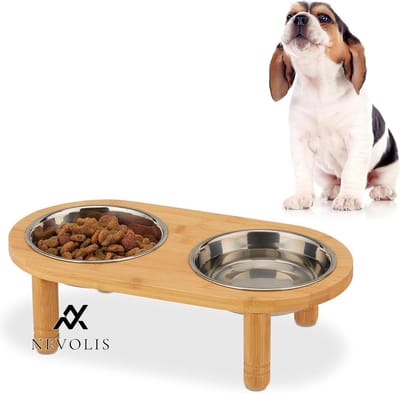 Nevolis Voerbak Stand Hond Kleine Honden 300 ml Bamboe RVS Natuur Zilver Verhoogd Elk .