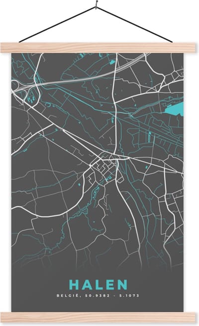 Posterhanger incl. Poster 40x60 cm - Schoolplaat - Stadskaart – Grijs - Kaart – Halen – België – Plattegrond - Textielposter - Blanke latten - Stadskaart