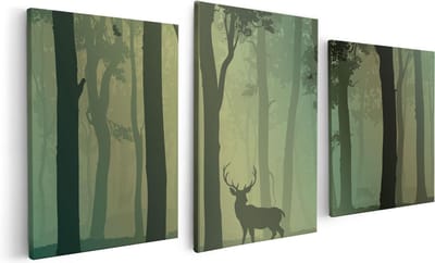 Artaza Canvas Schilderij Drieluik Hert In Het Bos - Silhouet  - 120x60 - Foto Op Canvas - Canvas Print