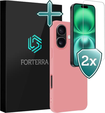 Hoesje Met 2x Screenprotector - Geschikt voor Apple iPhone 16 - Sterk & Shockproof - Telefoon Hoes - Back Cover - Siliconen Case - Lichtroze
