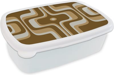 Broodtrommel Wit - Lunchbox Retro - Design - Bruin - Brooddoos 18x12x6 cm - Brood lunch box - Broodtrommels voor kinderen en volwassenen