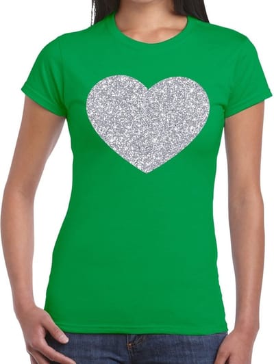 Feestkleding verkleedkleding t-shirt - met zilveren hartje - groen - voor dames - Glitter and Glamour XS