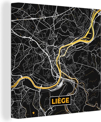 Canvas Schilderij Kaart - Goud - Liège - Stadskaart - Plattegrond - 20x20 cm - Wanddecoratie