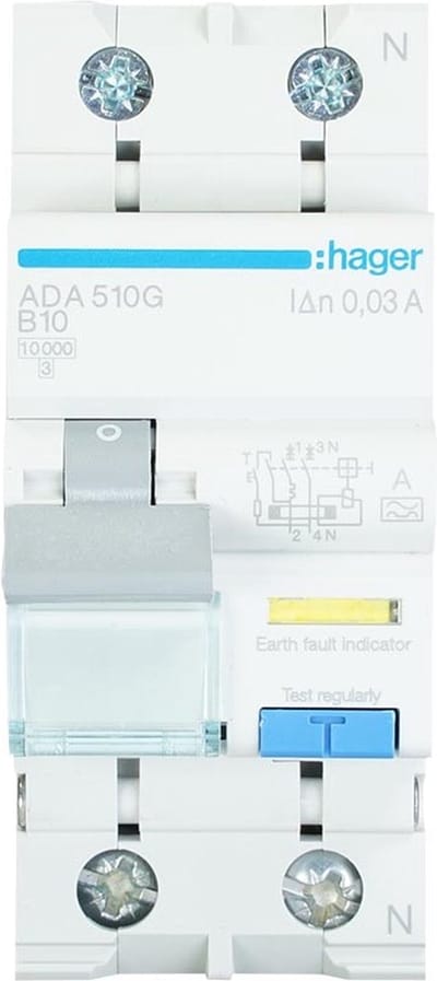 Hager aardlekautomaat 1-polig+nul 10A C-kar 30mA (ADA510G)