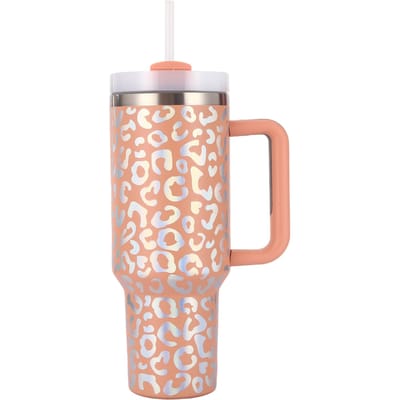 Tasse isotherme à imprimé léopard avec autocollant pour eau avec poignée, tasse de voiture en acier inoxydable, tasse de grande capacité 40oz