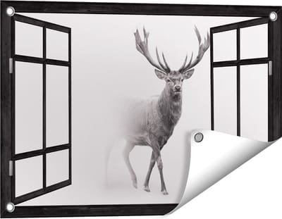Gards Tuinposter Doorkijk Hert - Zwart Wit - 60x40 cm - Tuindoek - Tuindecoratie - Wanddecoratie buiten - Tuinschilderij