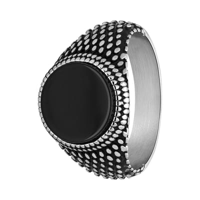 Lucardi Heren Stalen ring met ronde zwarte steen - Ring - Staal - Zilver - 22 / 69 mm