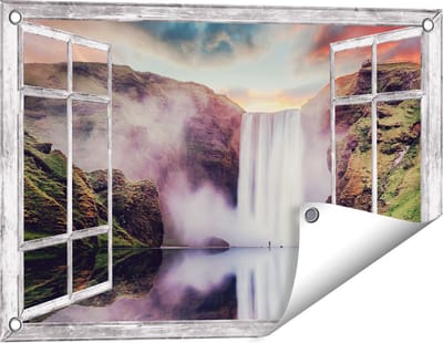 Gards Tuinposter Doorkijk Waterval met een Weerspiegeling in het Water - 60x40 cm - Tuindoek - Tuindecoratie - Wanddecoratie buiten - Tuinschilderij