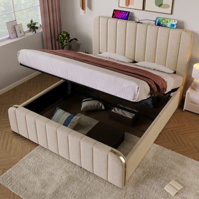 Pugsdrly Gestoffeerd tweepersoonsbed, gestoffeerd hoofdeinde met gouden sierstrepen en USB Type-C-oplaadfunctie 140*190 cm, beige linnen materiaal Hydraulisch verstelbaar bed, draagvermogen 181 kg (zonder matras)