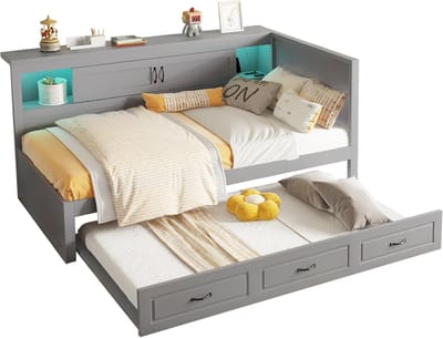 Slaapbank met LED-verlichting - opbergvak naast het bed - uitschuifbaar bed - USB-aansluiting - zonder matras - grijs - 90x200 cm