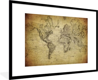 Poster in lijst - Fotolijst 90x60 cm - Posters - Wereldkaart - Vintage - Antiek - Bruin - Papier - Posterlijst zwart - Decoratie - Wanddecoratie woonkamer - Muurdecoratie slaapkamer