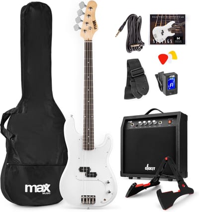 Max Gigkit Basgitaar met 40 Watt versterker - Gitaarstandaard - Gitaartas - 4/4 - Wit