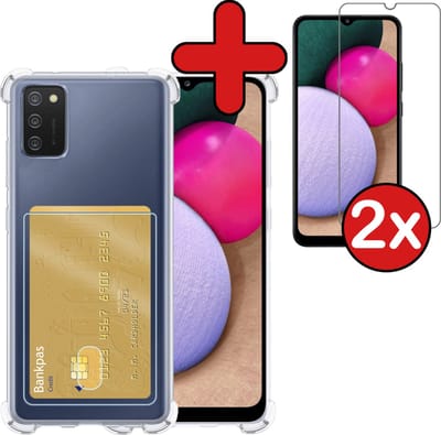 Hoesje - Geschikt voor Samsung Galaxy A02s - Met 2x Screenprotector - Pashouder - Kaarthouder - Back Cover - Telefoon Hoes Shockproof - Siliconen Case - Shock Proof - Pasjes Houder - Telefoonhoes - Transparant