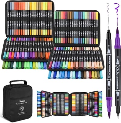Alcohol Markers - Dubbelzijdige Kunst Markers - 160 Kleuren - Brush & Fineliner Tips - Waterbasis - Voor Volwassenen en Kinderen