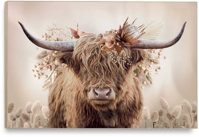 Schilderij Hooglander met bloemen - 100 x 140 - Hout - REINDERS