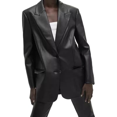 Dames Imitatie Leer Jas Middellange Lengte Kostuum Jas Effen Kleur Revers Enkelrijig Jas voor Lente Herfst Dagelijks Leven Werk Par S zwart