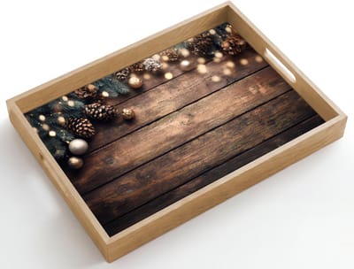 Dienblad hout 50x35 cm - Schootdienblad - Kerstdecoratie - Houten - Dennenappel - Bruin - Borrelplank rechthoek - Plateau dienbladen