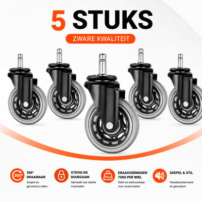 MeubelsvanJoep Bureaustoel wieltjes 11 mm - Bureaustoel wielen 11mm - Ø 75 mm - wieltjes voor onder meubels - 75 KG per wiel - Bureaustoel wieltjes voor laminaat & PVC & harde vloer - Set van 5