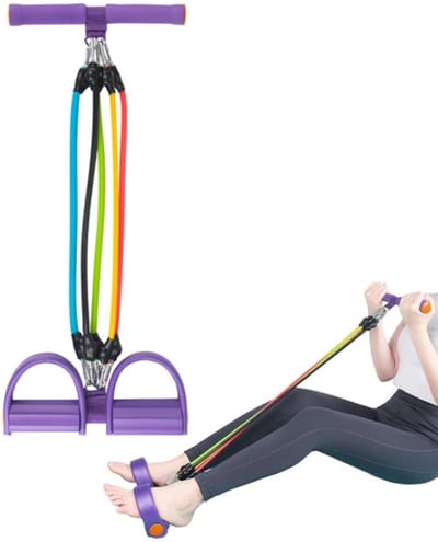 Elastische Buikspiertrainer - Ab Trainer - Resistance Fitness Weerstand Pedaal Band - Sit-up Trainingsapparaat - 5 Tube Touw - Verstelbare Fitnesspedaal - Elastisch Trekkoord - Elastiek met Handvat en Pedaal - voor Fitness, Training, Yoga - Paars