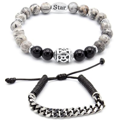 Victorious Set Natuurstenen Kralen Armbanden Heren – Staal – Zwart/Grijs – 17cm