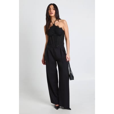 boohoo Dames Halter Corset Top Met Geschulpte Kanten Rand | Zwart | Maat: 34