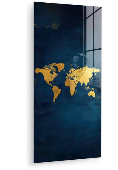 MuchoWow® Glasschilderij 40x80 cm - Schilderij acrylglas - Wereldkaart - Goud - Donkerblauw - Foto op glas - Muurdecoratie woonkamer - Wanddecoratie slaapkamer - Schilderijen