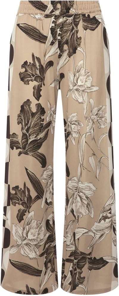 Ulla Popken - Dames - Slinky broek patroonmix wijde pijpen elastische tailleband - Beige - Maat 54+