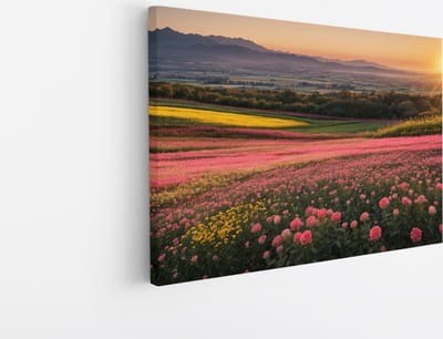 Saammp Canvas Schilderij - Landschap - Roze Bloemenveld met zonsondergang - Natuur - 45x30 - Foto op canvas - Wanddecoratie - Muurdecoratie Woonkamer - Slaapkamer decoratie - Canvas Print