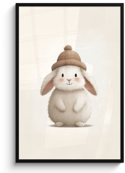Poster in lijst - Fotolijst 80x120 cm - Posters - Konijn - Muts - Oren - Beige - Posterlijst zwart - Decoratie - Wanddecoratie woonkamer - Muurdecoratie slaapkamer