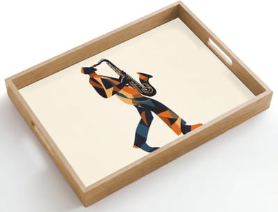 Dienblad hout 50x35 cm - Schootdienblad - Saxofoon - Abstract - Persoon - Blauw - Borrelplank rechthoek - Plateau dienbladen