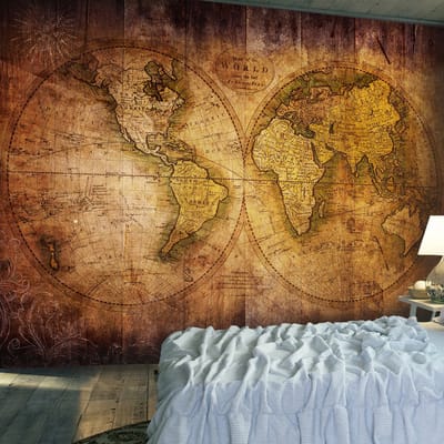 200cm X 140cm - Fotobehang - Wereld op oude kaart, premium print vliesbehang