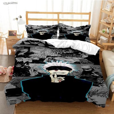 Dessin animé Anime Jujutsu Kaisen Housse de couette Couette Ensemble de literie Housse de couette douce et Taies d'oreiller pour Adolescents Simple/Double/Queen/King EU Twin(135x200cm)