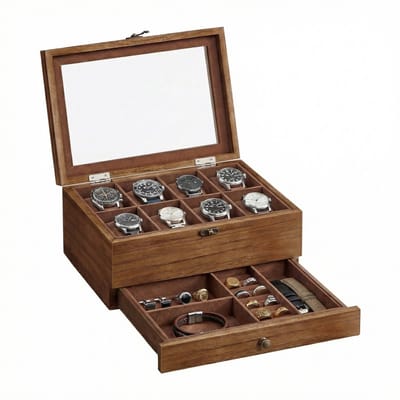SONGMICS - Horloge Doos - Horlogebox met 8 Vakken - Glazen Deksel - Kleine Lade Onderin