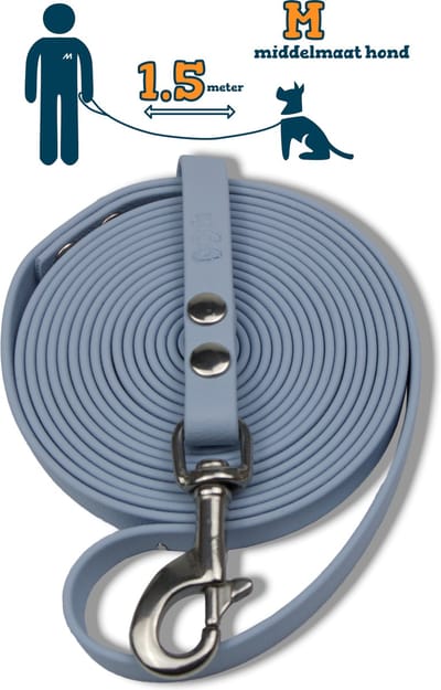 Miqdi hondenriem - BioThane ® - pastel blauw - 1.5 meter lang - 13 mm breed - M - middelmaat hond