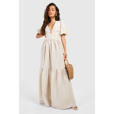 boohoo Dames Gestreepte Maxi Jurk met Lagen | Steen | Maat: 36
