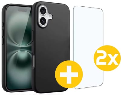 Hoesje en Screenprotector Combi Geschikt Voor iPhone 16 Plus - Zwarte Siliconen Hoesje + 2x Screenprotector