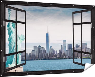 Gards Tuinposter Doorkijk Vrijheidsbeeld in New York - 180x120 cm - Tuindoek - Tuindecoratie - Wanddecoratie buiten - Tuinschilderij